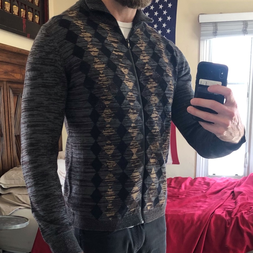Prada Black, Gray & Brown Argyle Zip-Up Sweater